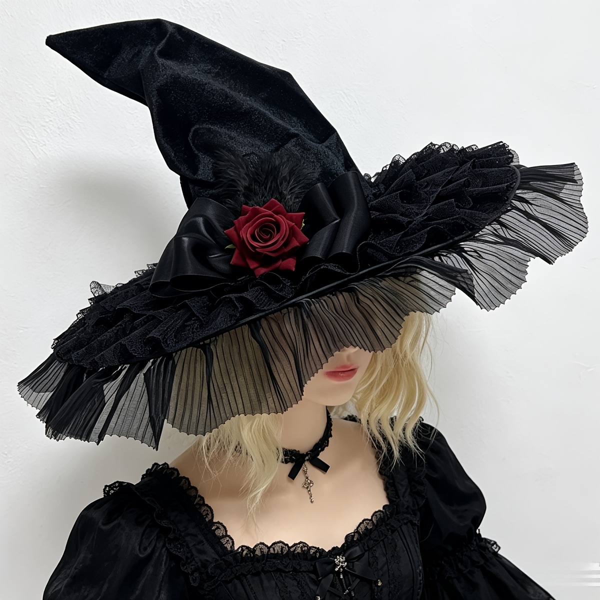 TEMU Cappello da strega a per donna - Cappello retr簷 in pile e pizzo con per sole/Halloween - Accessorio per feste a tema, costumi, indossabile tutto