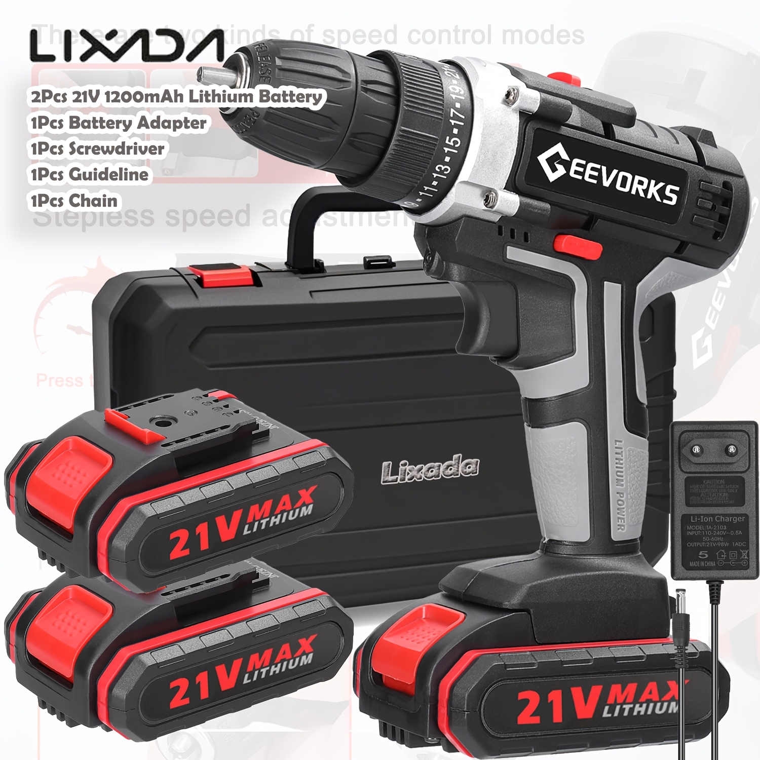 Perceuse sans fil Lixada 21V avec 2 batteries, couple de 28 N.m et 1450 tr/min, perçage électrique au lithium-ion, compacte et légère (816.47g), pour la maison, construction, atelier - Idéale pour projets professionnels et bricolage, outil robuste, design ergonomique, moteur haute performance, rénovation domiciliaire