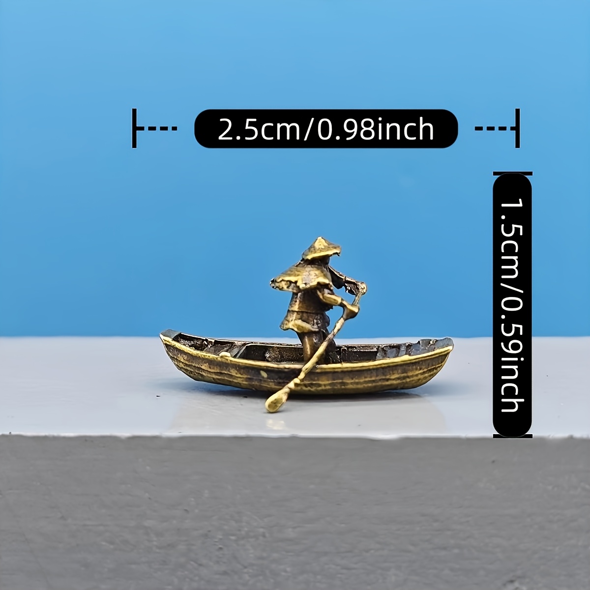 TEMU Bateau à rame en laiton pour pêcheur, bonsaï, paysage sec, petite figurine d'accessoire de décoration de micro-paysage, petite statue miniature