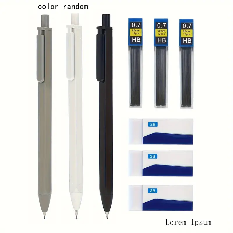 3pcs Aesthetic Mechanical Pencil 0.5 & 0.7 Mm For School, With 3 Tubes HB Lead Refills, 3 Erasers For Student Writing, Drawing, Sketching