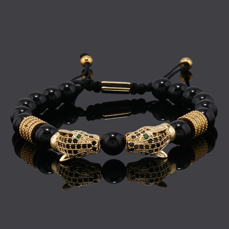 1pc Pulsera de piedra brillante negra para hombre con doble dije de cabeza de leopardo - Joyería elegante de cobre y zircón sintético, perfecta para fiestas y cumpleaños, estilo casual, pulsera de vestir casual | Pulsera con dije de cabeza de leopardo | Pulsera de cuentas de vidrio