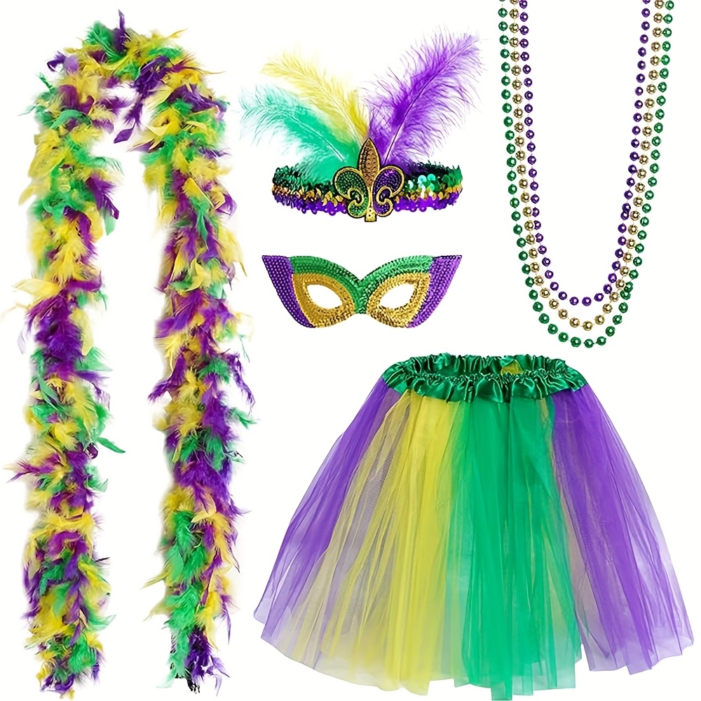 set de accesorios para mardi gras: falda tutú,   de plumas artificiales simuladas, máscara, cuentas de mardi gras, boa de plumas para mujer