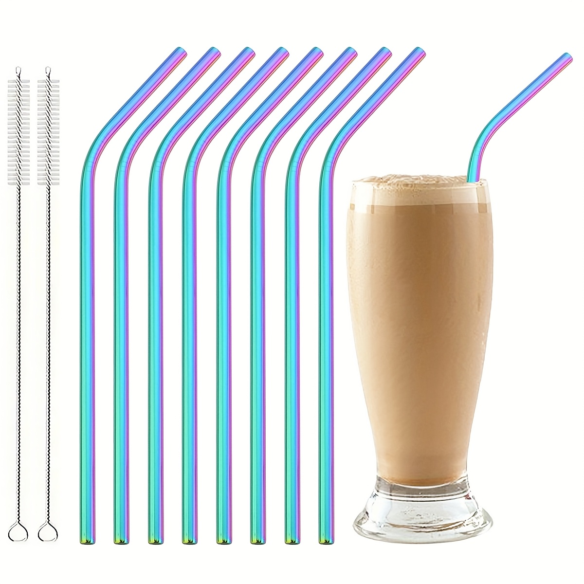 8 piece set of reusable straws 304 stainless steel sturdy bent drinking straws food grade   suitable for juice smoothies milk tea coffee and cocktails