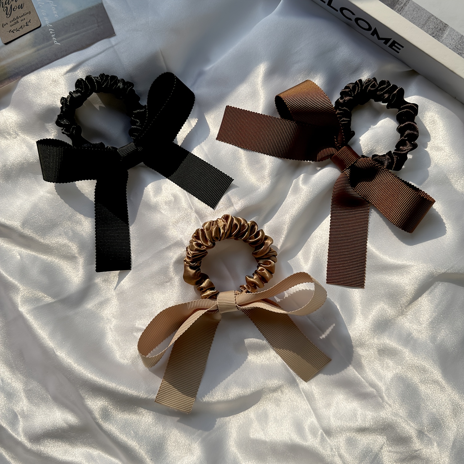 TEMU 3pcs Elegant Bow Hair Ties - Cute And Sweet Fabric Hair Accessories For Women, Assorted Colors With Design, Bows For Hair