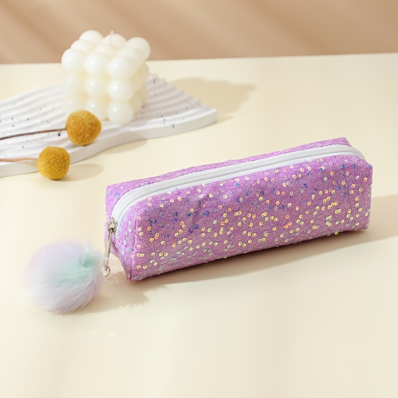 TEMU Trousse à crayons à paillettes et sequins avec pompon duveteux, joli sac de papeterie esthétique pour filles, école et voyage