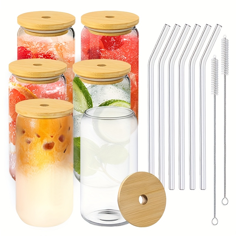 TEMU 6pcs, 550ml/18.6oz Glass Cups, Mugs, Reusable For Hot And Cold Beverages, Includes Lids And Straws, Perfect For Cup Collectors, Suitable For