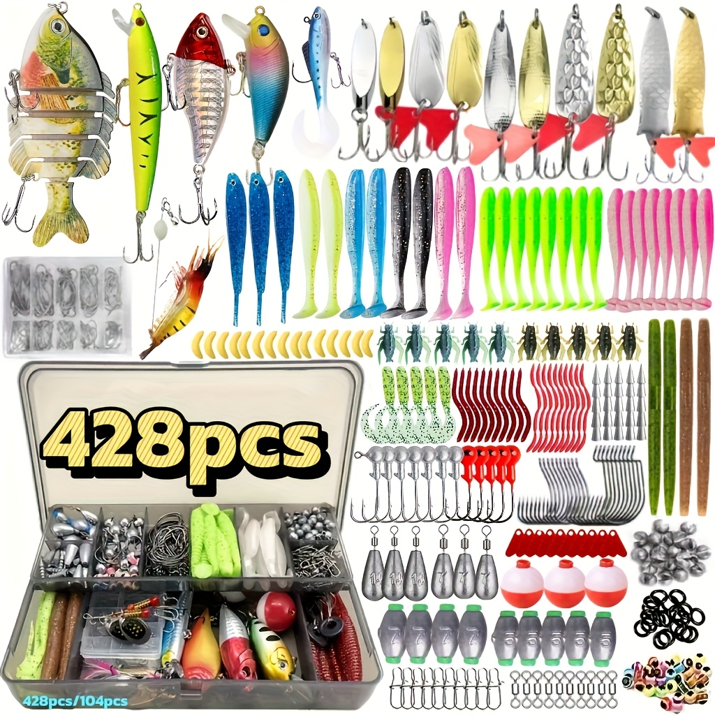 Esenciales de Pesca para Principiantes: Juego de Señuelos para Todo Tipo de Aguas con Cebos Duros, Señuelos Blandos T-Tail, Crankbaits y Gusanos Biónicos - Kit de Pesca 428/104 con Caja de Almacenamiento, Regalo Ideal para Pescadores