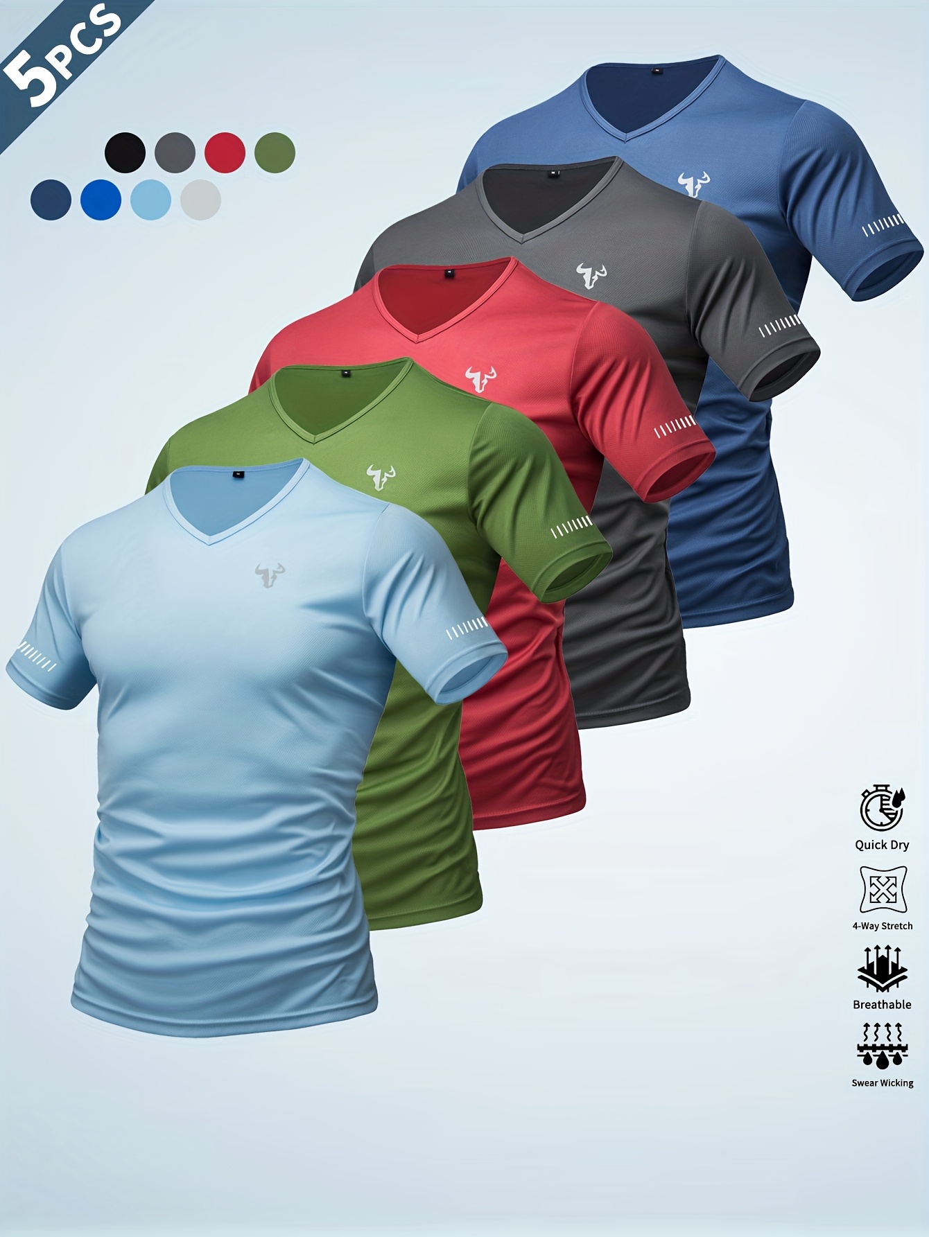 5pcs mens v neck sports t shirts with reflective stripes   print breathable polyester knit cool quick dry soft comfortable activewear for gym running cycling fishing basketball home fitness casual short sleeve tees moisture wicking fitness garments gym wear stylish casualwear breathable knit shir
