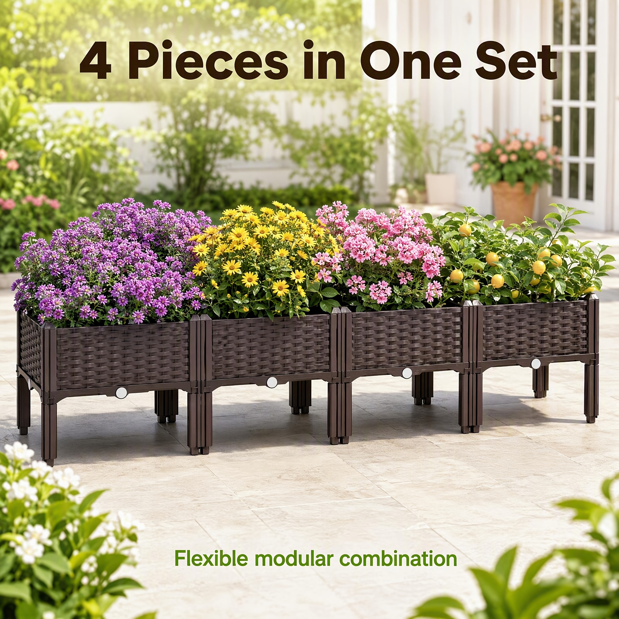 TEMU Ensemble de jardinières surélevées, pot de fleurs auto-arrosant avec texture rotin, système de drainage, conteneur de plantation extérieur pour