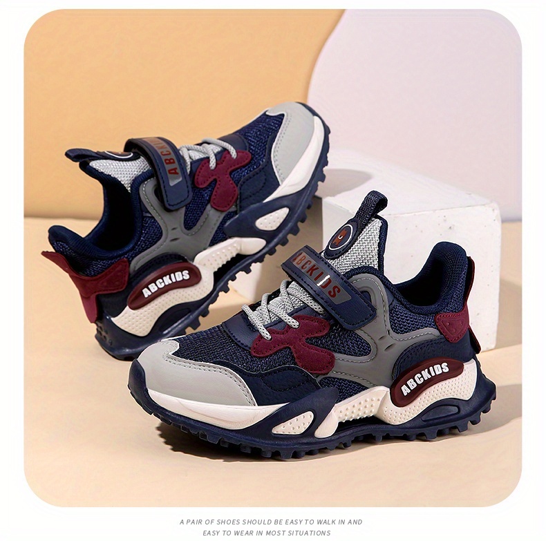 Boys' Breathable Mesh Sneakers with Non-Slip EVA Sole, Closure & Cushioned Insole - Lightweight Low-Top Running Shoes for Outdoor Play, School, Sports - Navy Blue & Red Accents, School Sneakers, Sporty Design, Durable Construction, Schoolage Kids