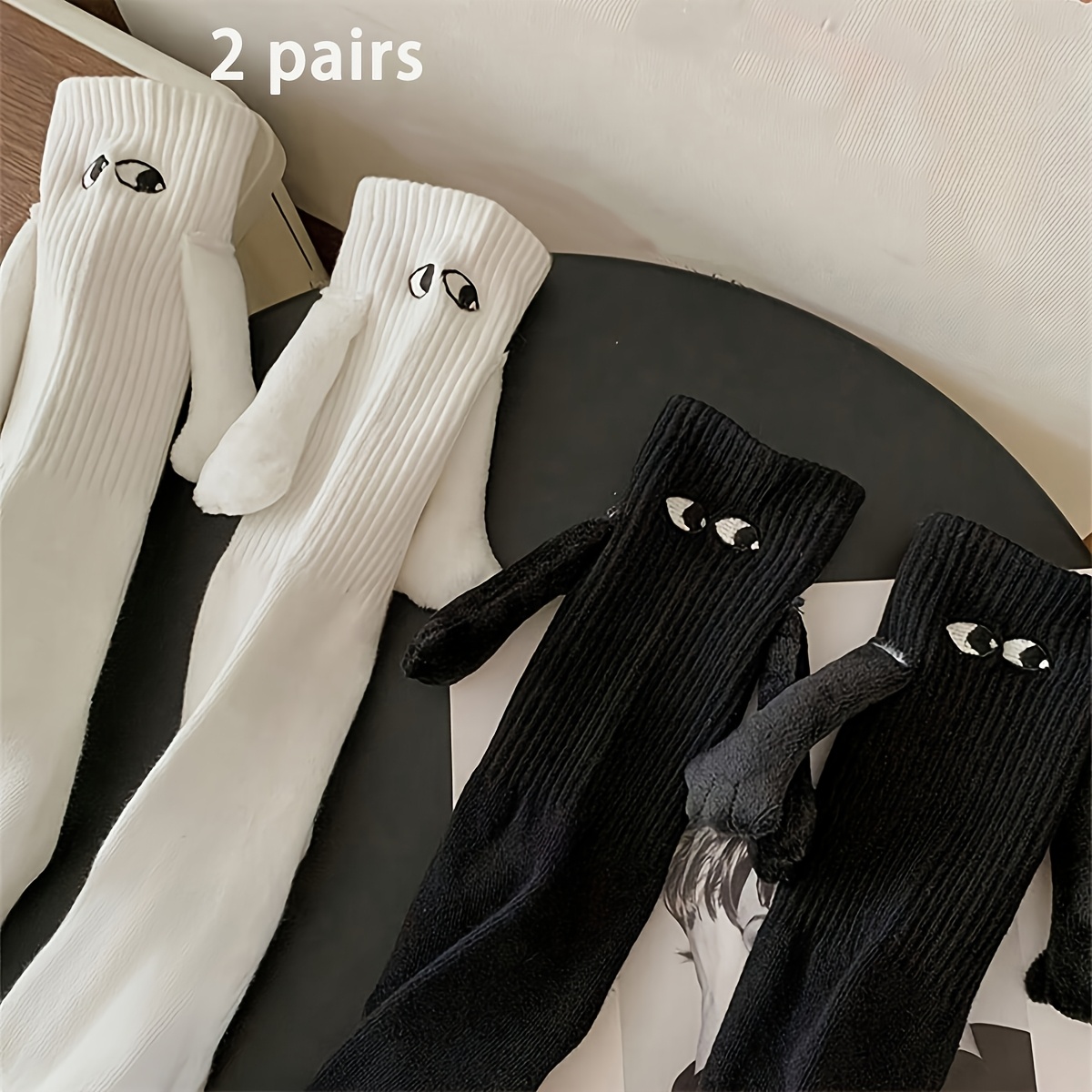 Image of 1/2-pair Fashionable And Versatile Best Friend Couple's Embroidered Eyes Magnetic Hand-in-hand Socks, Suitable As A Valentine's Day Gift