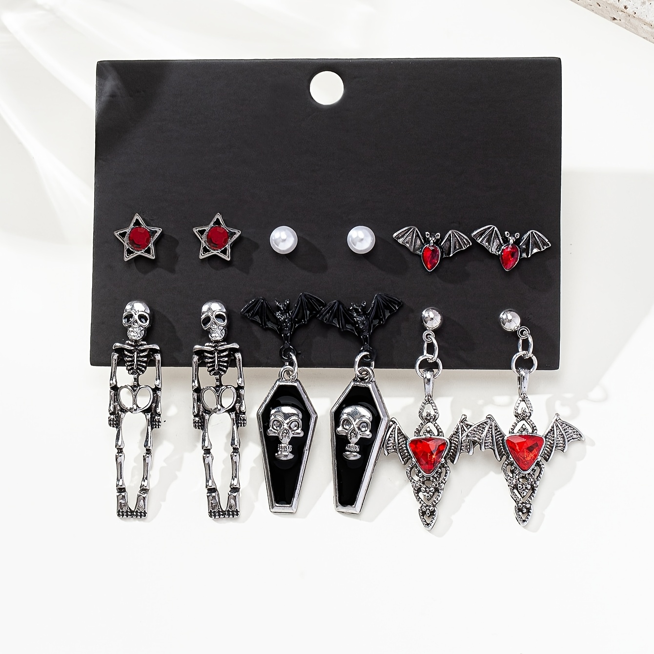 E-shop 6 Paar Gothic Fünfzackiger Stern Fledermaus Totenkopf Sarg Halloween Design Vielseitiges Ohr Schmuck Set