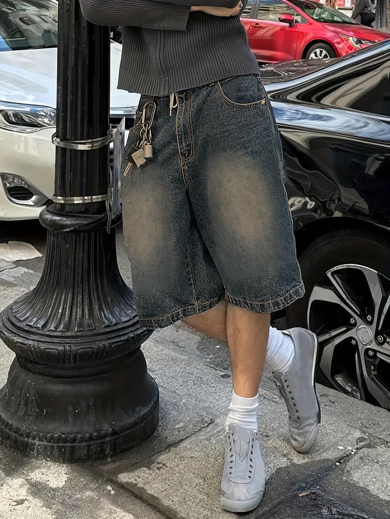 mens relaxed fit   length casual denim shorts loose wide leg design machine washable solid color for everyday   versatile style streetwear fashion kneelength style  able material urban clothing 0