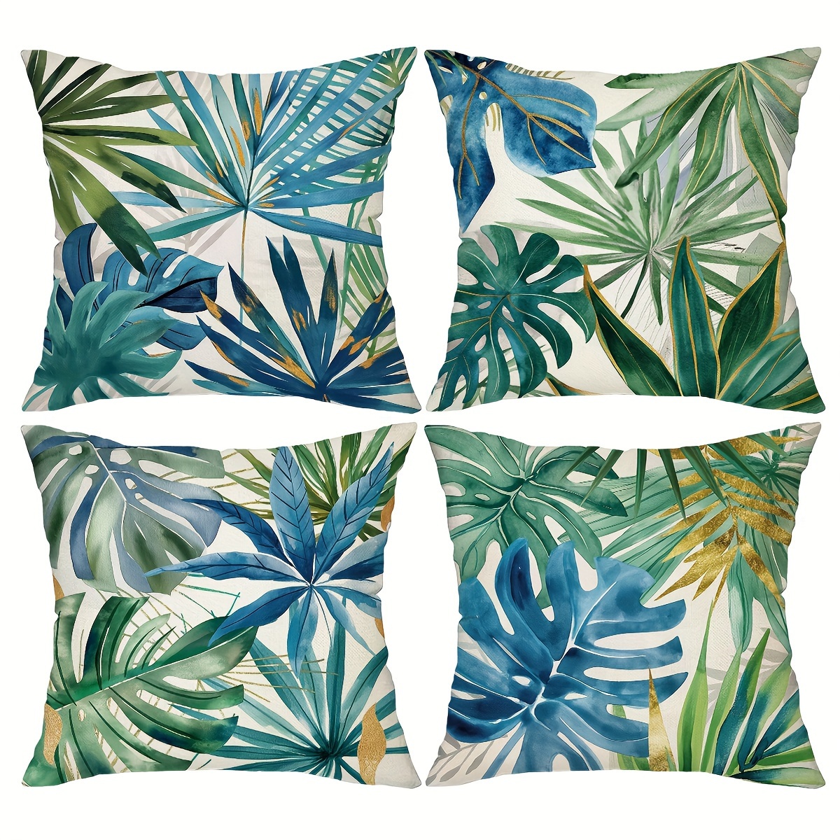 

4pcs Tropical Leaves Throw Pillow Covers, 18x18 Inch, Exotic Palm & Plant Design, Polyester Decorative Cushion Cases With Zipper, Hand Wash Only, For Sofa, Patio, Farmhouse Decor - No Inserts