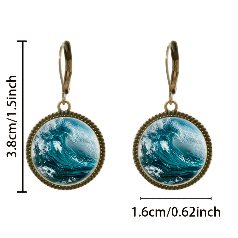 2pc Blue Classic Pendant Earrings Set, Tumultuous Waves Design