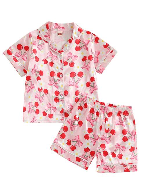 little girl summer pajama set bow berry print short sleeve button up elastic waist shorts 2pcs sleepwear outfit