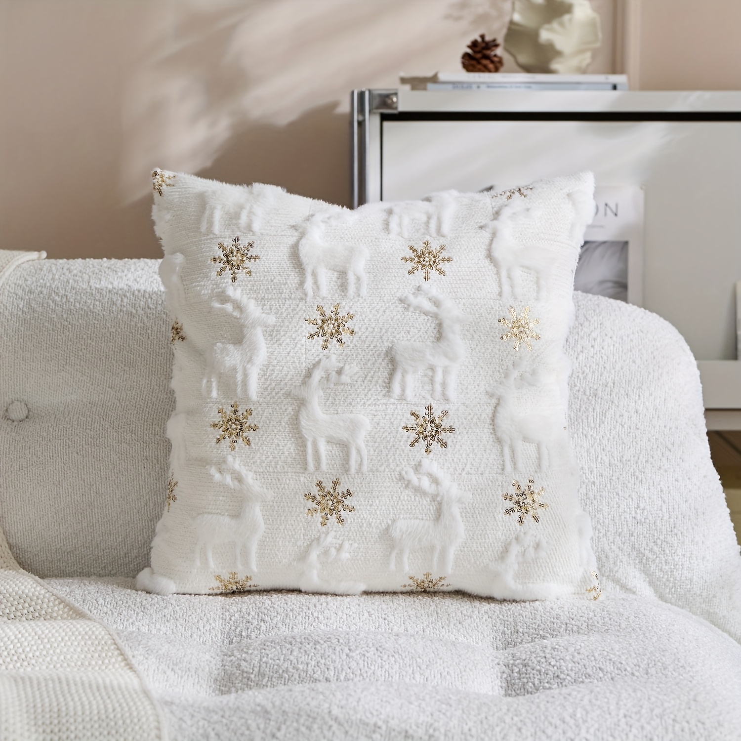 TEMU 1pc, Christmas Pillowcase, Deers And Snowflake Christmas Throw Pillow Covers, Single Side Embroidery, Suitable For Sofa, Living Room, Bedroom