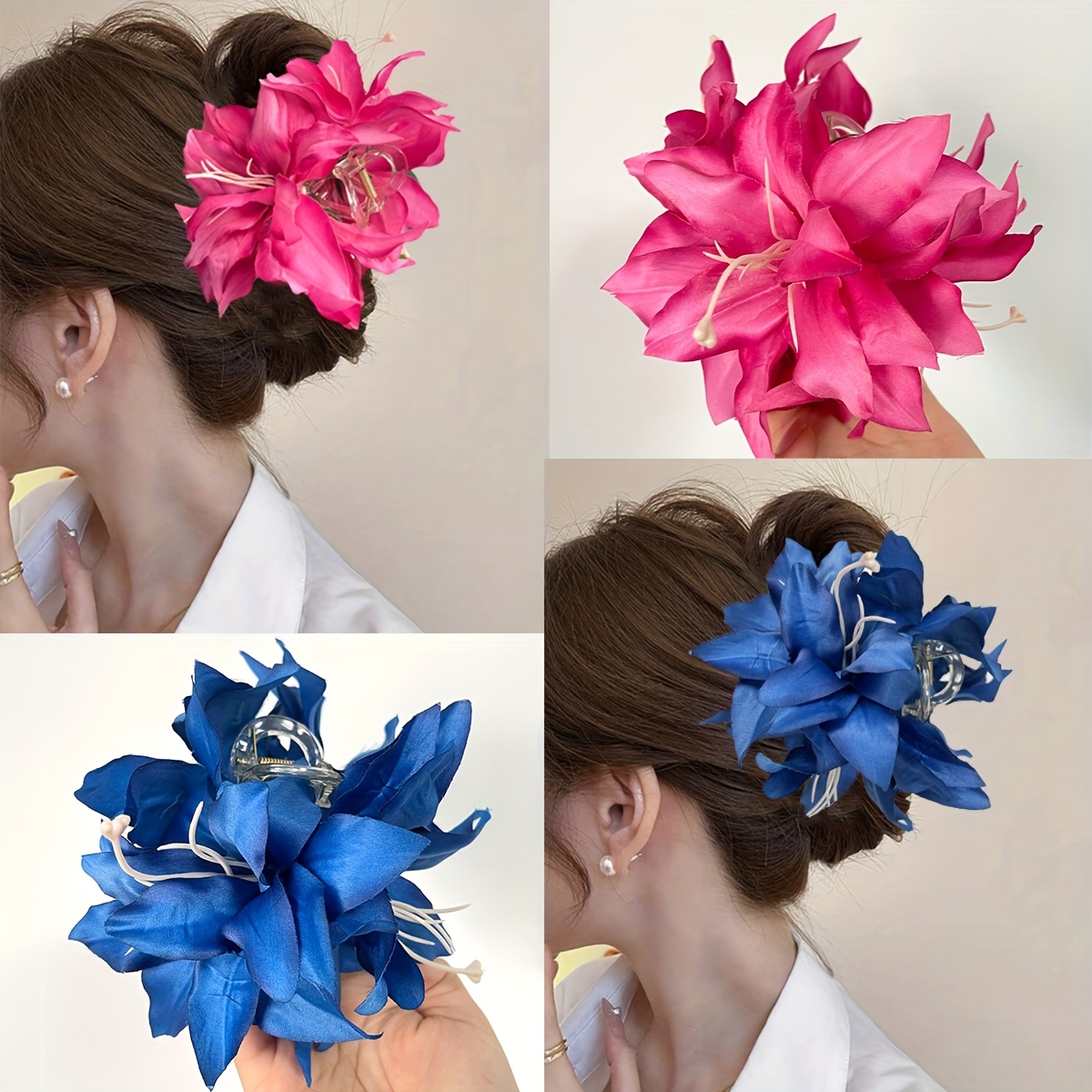 

1pc Bohemian Style Large Lily Flower Hair Claw, Floral Hair Clip For Wedding, Bridal Party, Beach Use - Single Piece, Fabric, Solid Color, Flower Shape