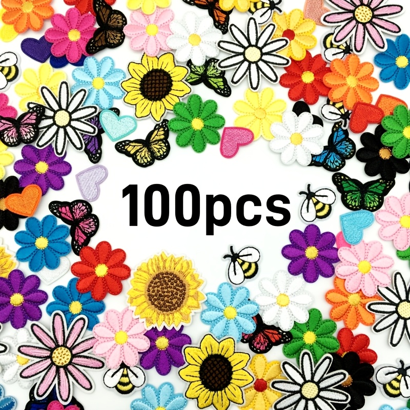 

100pcs Assorted Embroidered Iron-on Patches - Butterfly & Daisy Designs For , Bags, Hats, Jackets - Sewing Appliques In Colors