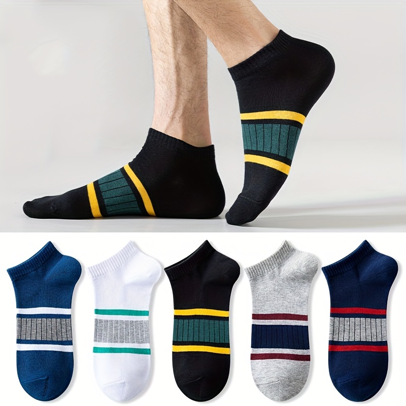 

5 Pairs Of Men's Color Block Liner Anklets Socks, Comfy Breathable Soft Sweat Absorbent Socks For Men's Outdoor Wearing