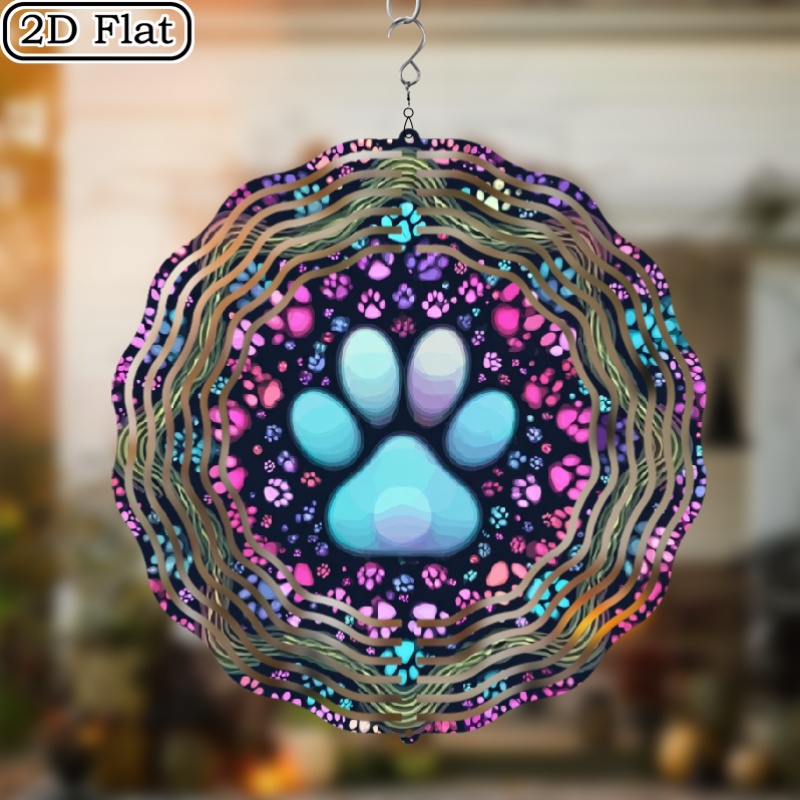 TEMU 2d Flat, 1pc Vibrant Animal Paws Wind Spinner - 10-inch Kinetic Metal Hanging Ornament With 360° Rotating Hook, Color-changing Paw Print Design