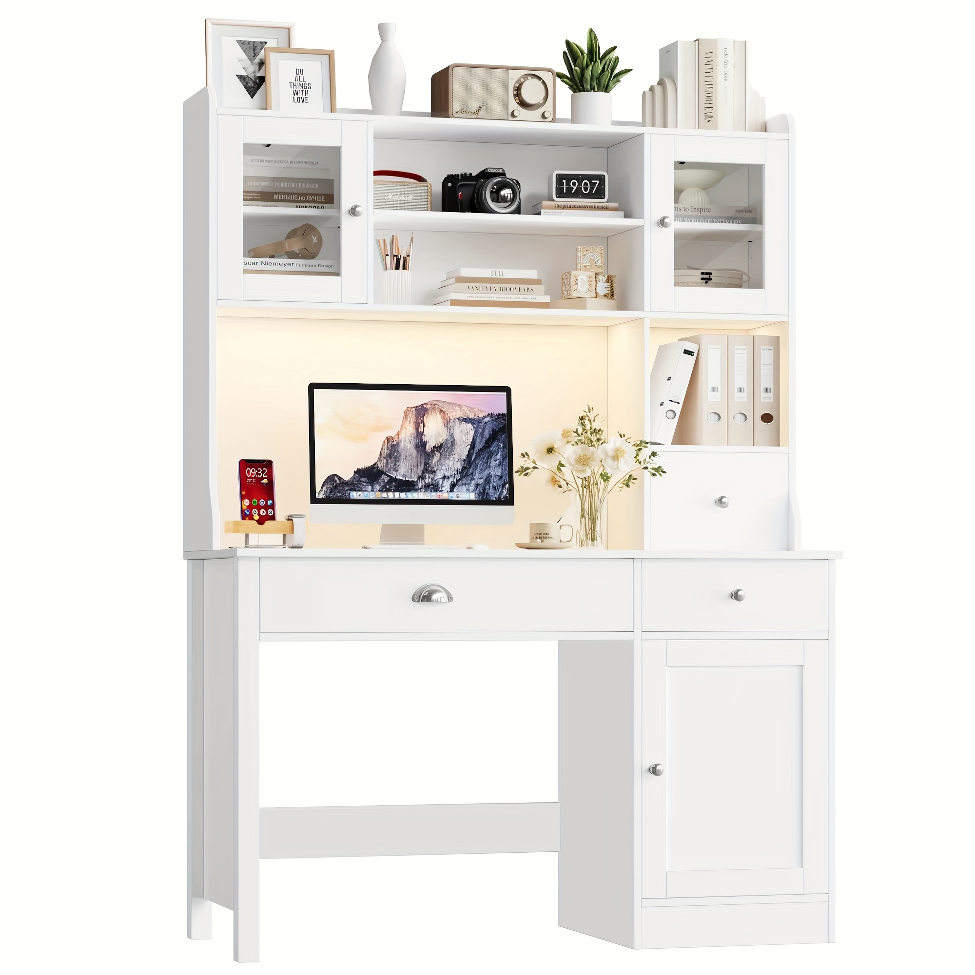 Kealive Writing Desk, Youth Desk, Computer Desk, Makeup Dressing Table, Dressing Table Without Mirror, With 3 Drawers And 3 Doors, Adjustable Shelves, In 2 Package