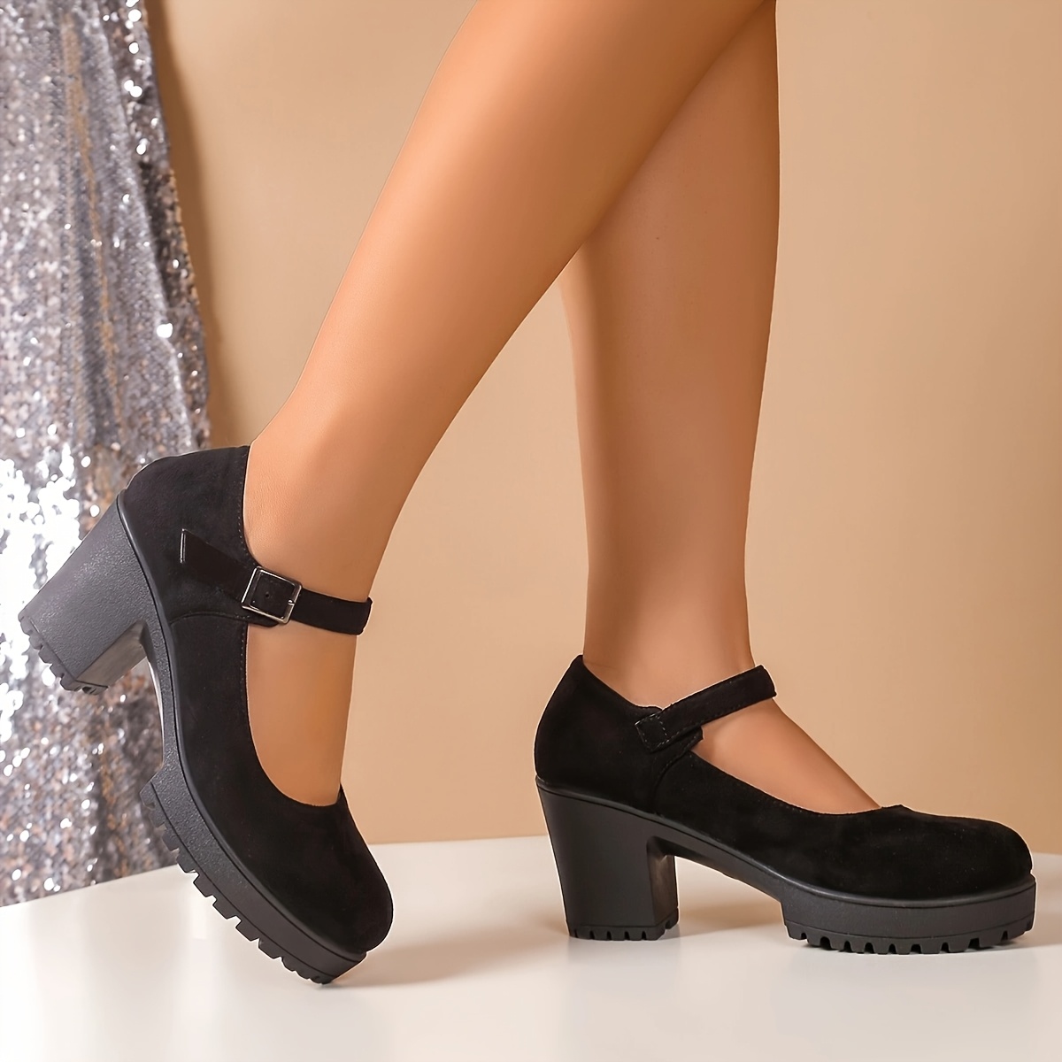 Schwarze Damen-Pumps mit Blockabsatz und Schnallenriemen Stilvolle  High-Top-Mary-Jane-Schuhe, Rutschfeste Gummisohle, Runde Zehenpartie,