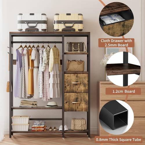 freestanding closet organizer for hanging clothes heavy duty garment rack with 2 drawers 4 hooks and storage shelves wardrobe closet clothing rack for bedroom living room closet organization systems portable closets