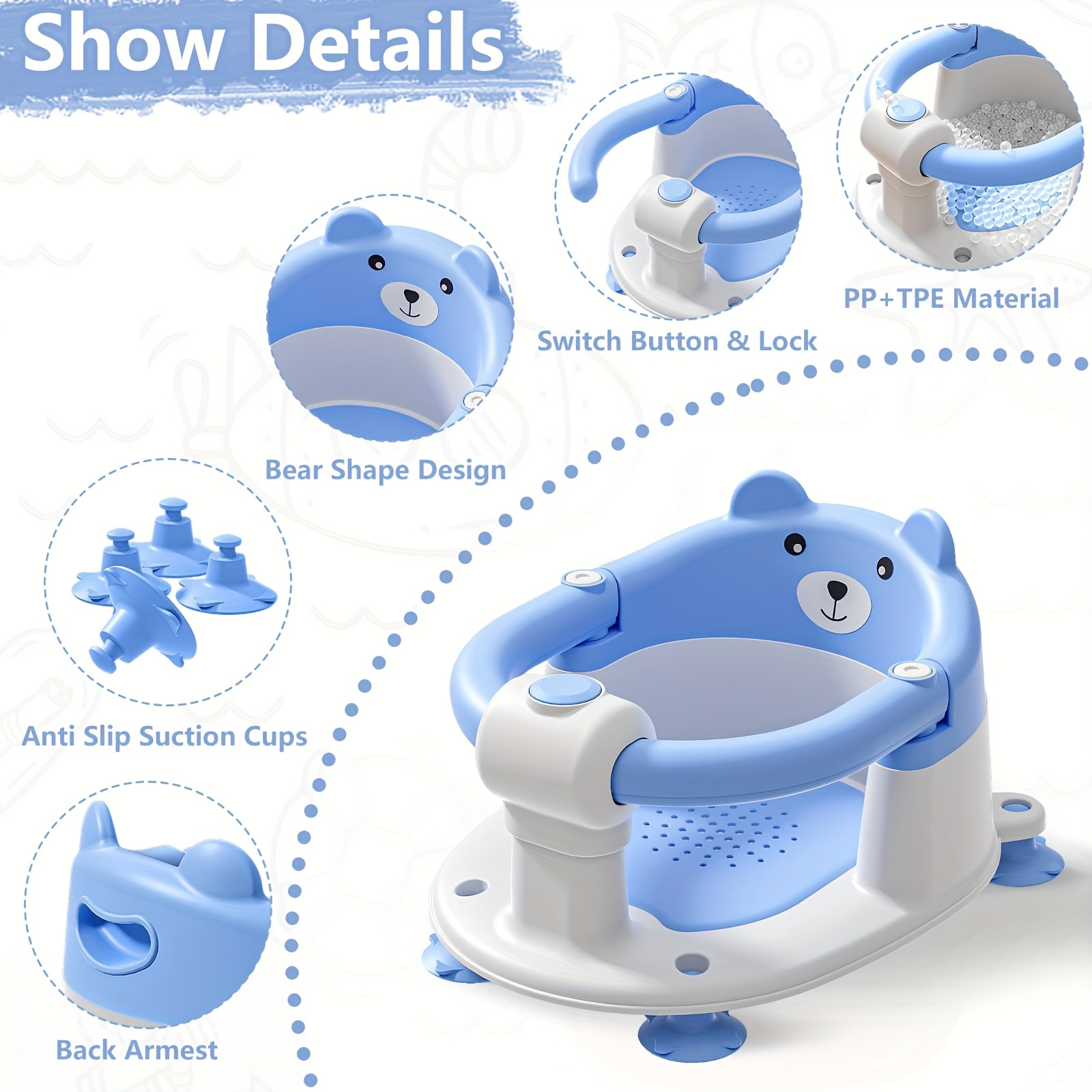 Baby Bath Seat for 6 Months and Up with Non-Slip Suction Cups and Soft Cushion, Toddler Bath Support Chair in Multiple Colors