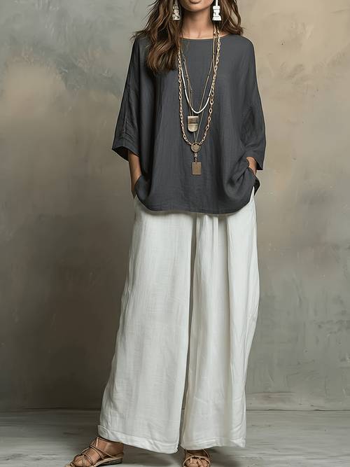 estilo bohemio y verano traje y elegante de combinación para mujer, cuello , manga corta, top de color + pantalones de pierna ancha de cintura , conjunto de 2 piezas, estilo y americano, traje casual de vacaciones