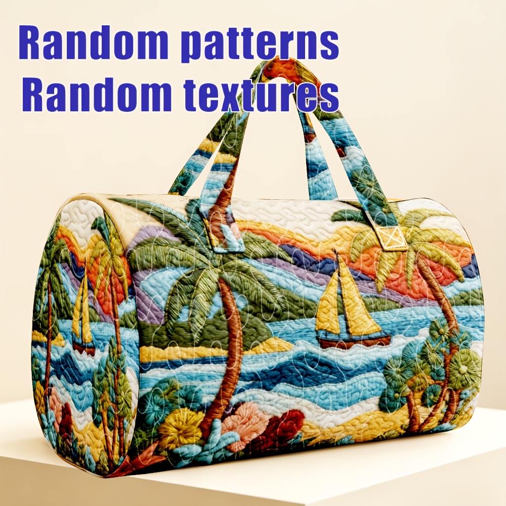 TEMU 1 pièce Sac à main matelassé Boston à motif de voyage côtier , thème , palmier, mer, sac fourre-tout de voyage , convient aux femmes qui la et