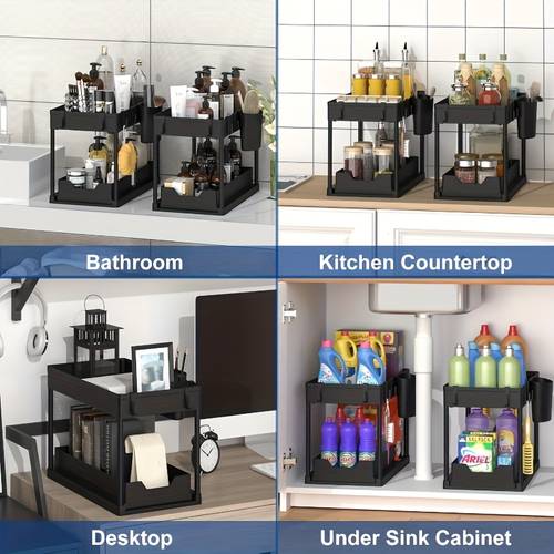 2 story pull out bathroom and kitchen storage rack with wheels space saving expandable storage rack durable large capacity drawer storage cabinet suitable for sink area cabinets and countertops easy to clean white shelves