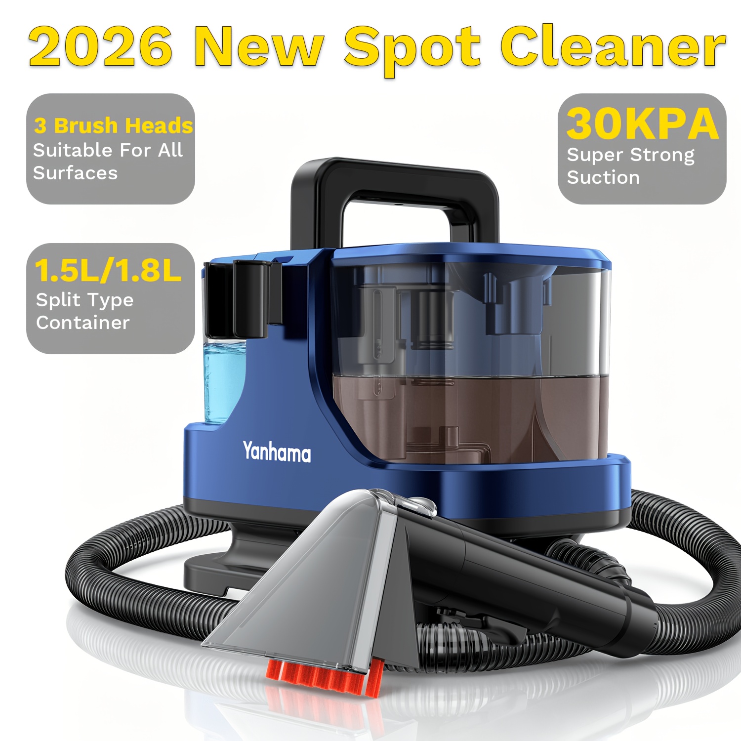 Yanhama 2026 Rapid Deep Cleaning Spot Cleaner & Carpet Cleaning Machine, 30kpa Strong Suction, Independent 1.8l/1.5l Water Tanks, 3.5m Extra Long Power Cord For Carpets, Sofa And Upholstery