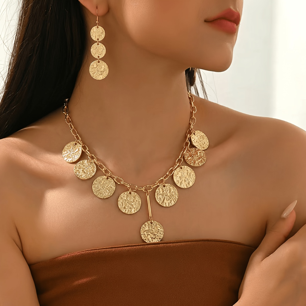 Image of 2pcs Set Middle Eastern Ramadan European And Women's Jewelry Set, Spring/summer Collection, Golden Irregular Texture Round Multi-pendant Combination Necklace + Earrings, For Daily Wear, Festivals