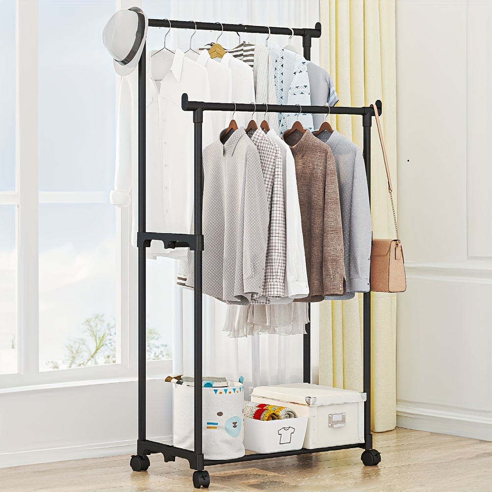 

Double Rod Rolling Clothes Rack, Portable Garment Organizer Storage Bins, Plastic Freestanding For Bedroom, , And Clothing