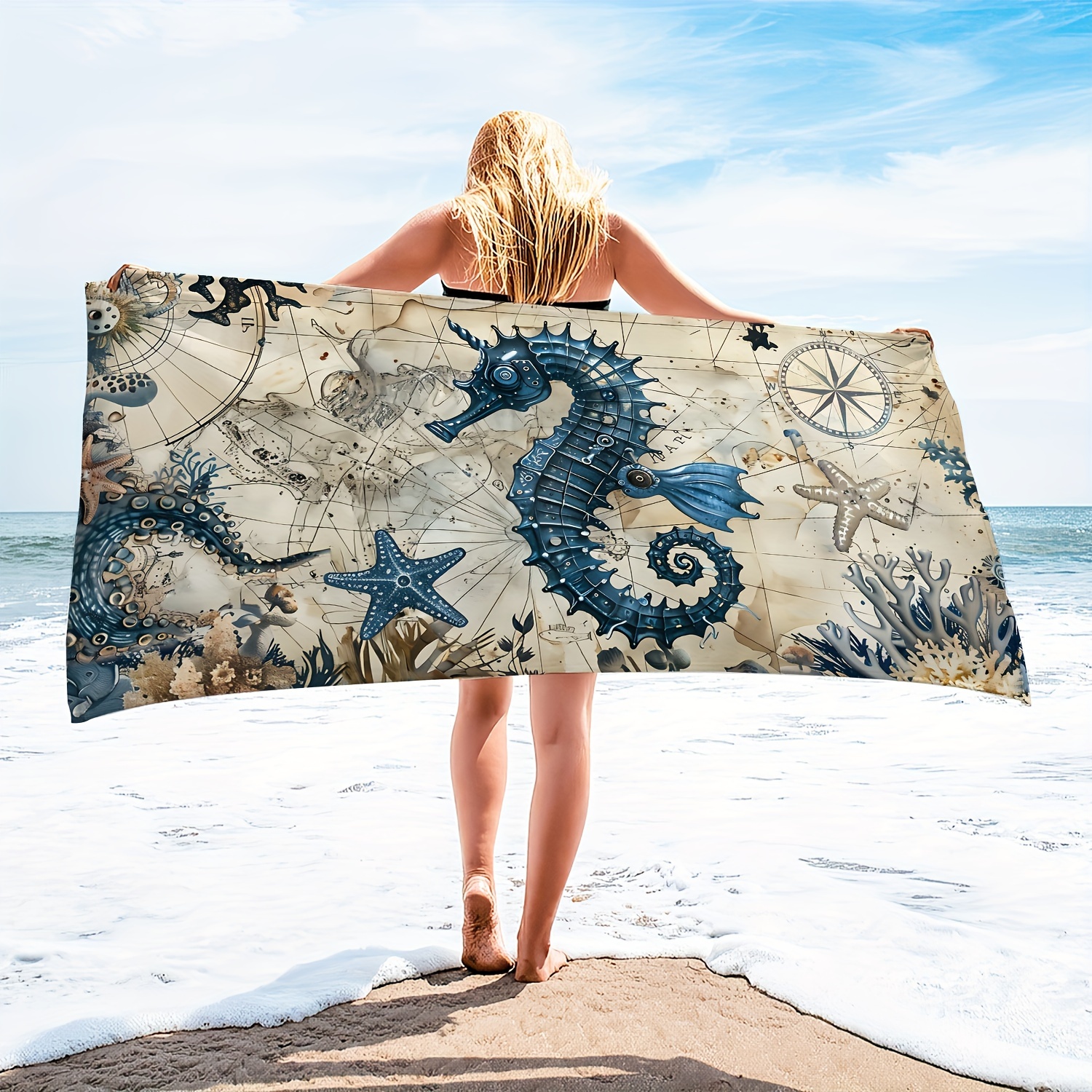 

1pc Seahorse Map Beach Towel, Cool Microfiber Oversized Beach Towel, Durable Quick-drying Sunscreen Bath Towel, Summer Beach Camping Pool Travel Essentials
