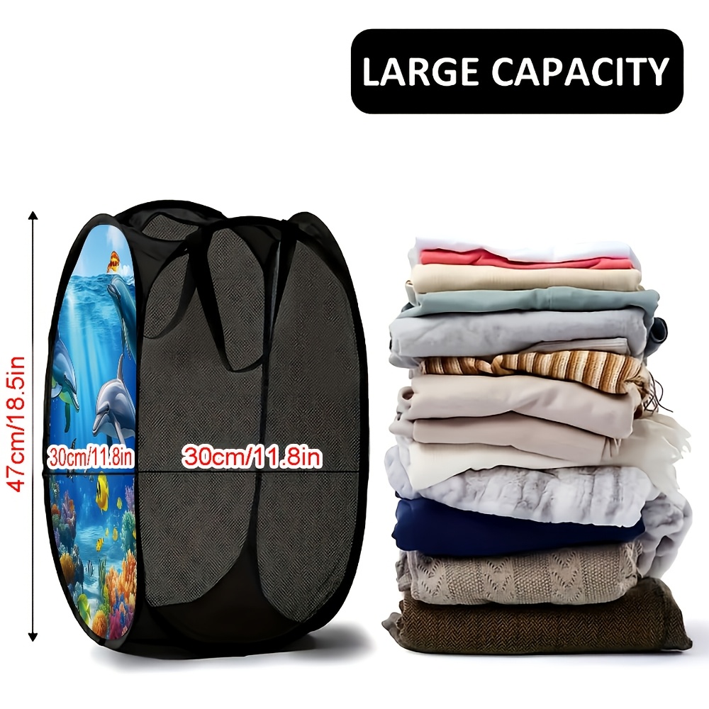 TEMU 1pc Dolphin Ocean Theme Pop-up Laundry Hamper - Foldable Mesh Collapsible Storage Basket With Easy Expandable Design, Cute Marine Decor For '