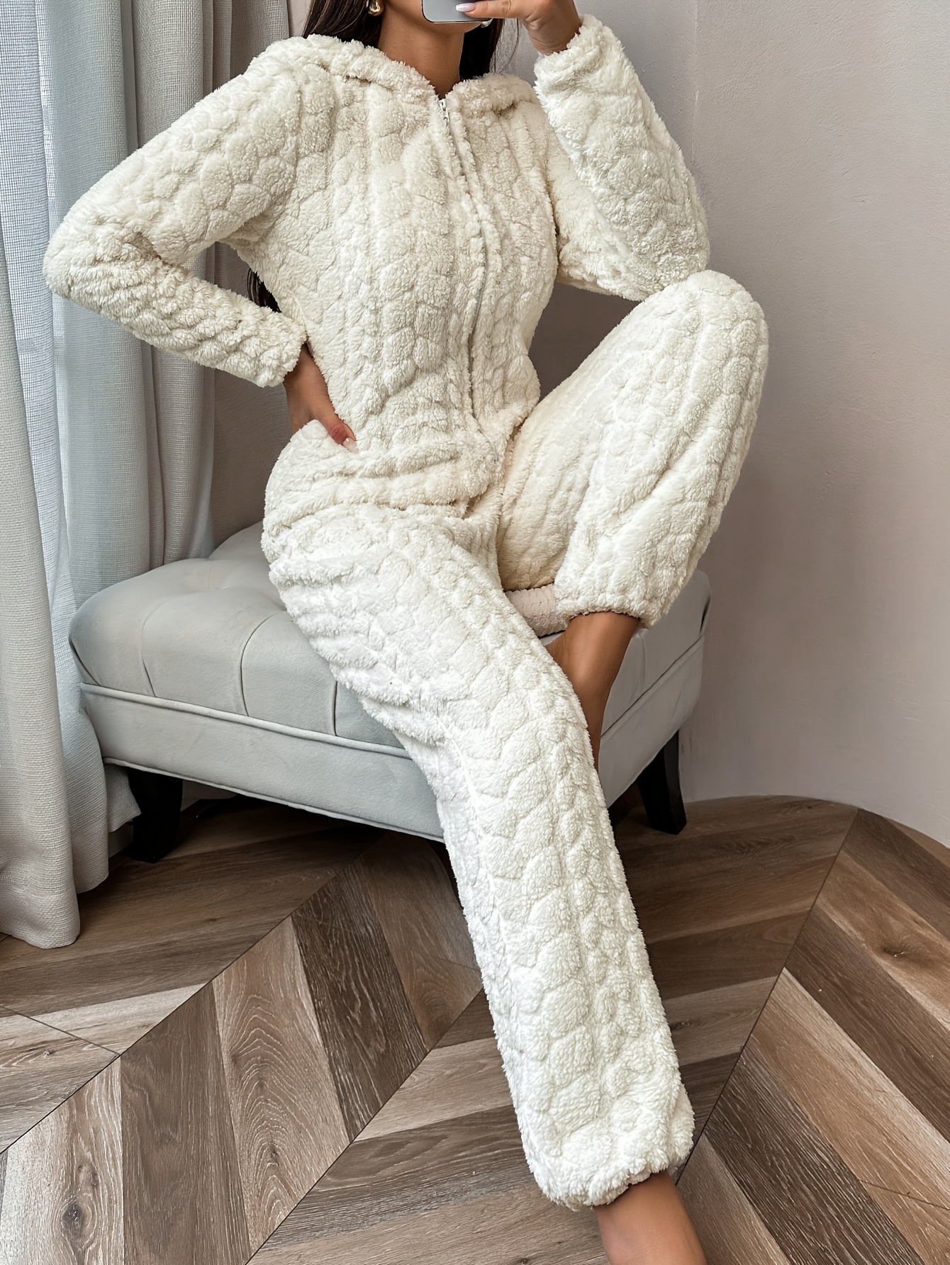 cozy womens hooded jumpsuit pajamas solid   fleece with zipper detail machine washable   fall winter creamy white 0