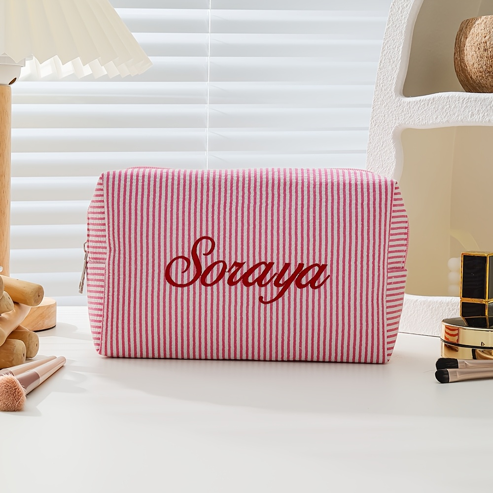 TEMU [custom Embroidery] Customizable Name Puff Gauze Makeup Bag, Durable Zipper Closure With Letter Embroidery Bridesmaid Clutch, Large Capacity