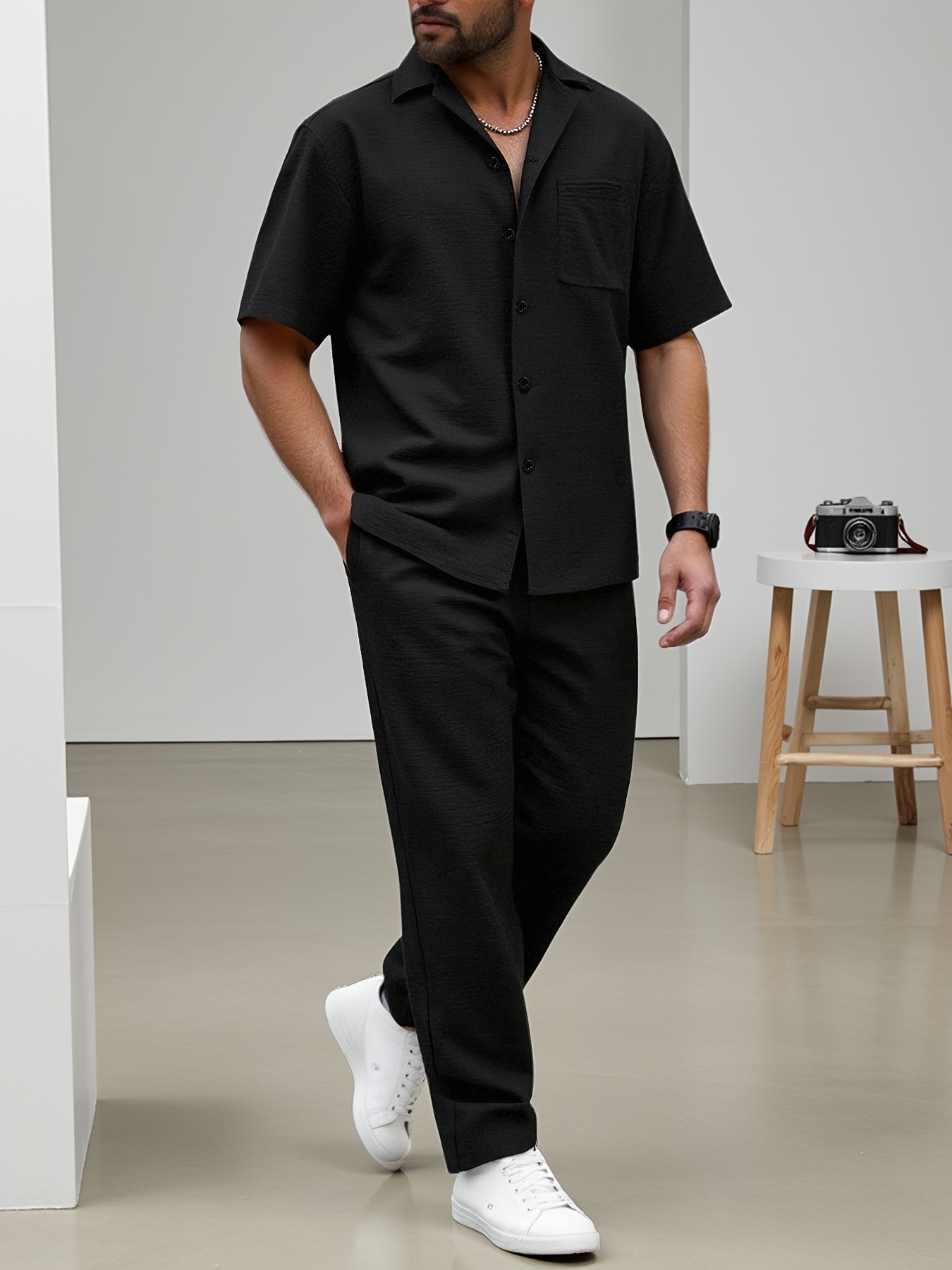 casual dress for men party [Fashion *'S Lightweight * Comfortable Fabric Shirt Suit/Non-Stretch Woven] * Two-Piece Set Single Button/Single Pocket/Dress Collar Short Sleeve Top And Drawstring Cargo Pants Casual high neck bodycon dress Urvashi Kaur Give Contempo Suits a Kid Size:150CM
