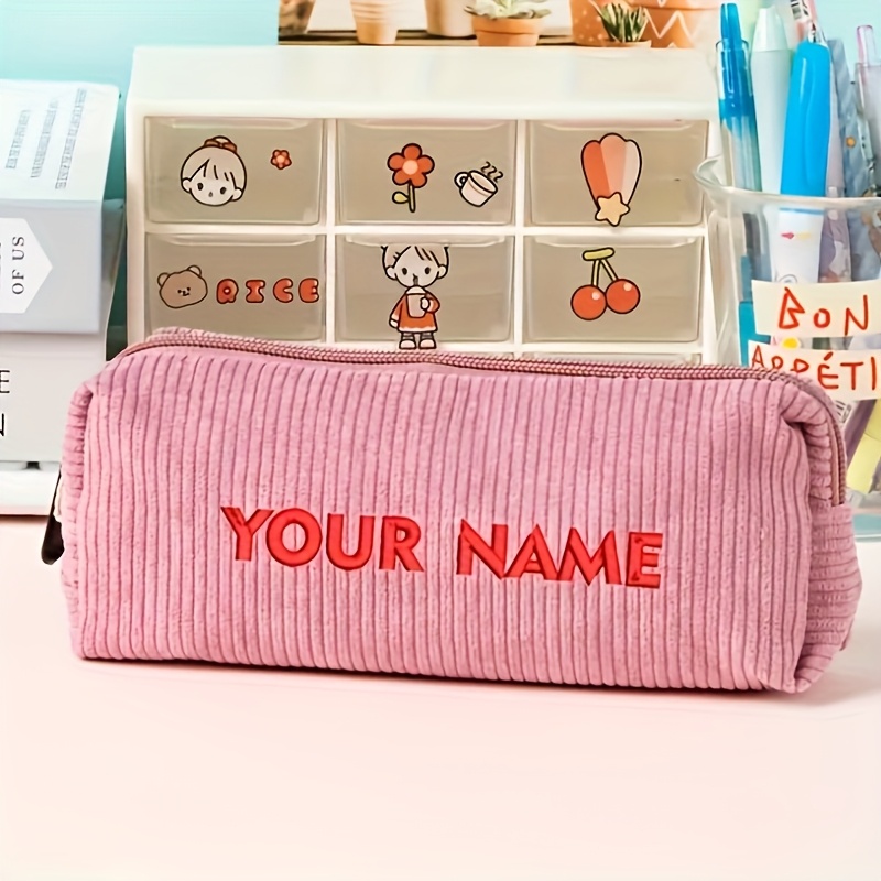 Image of Custom Corduroy Pencil Case, Embroidery Name Option, Soft Textured Fabric, Zipper Closure, For Student Stationery And Professionals, Perfect Gift For School Or Office Use, Cute Pencil Case