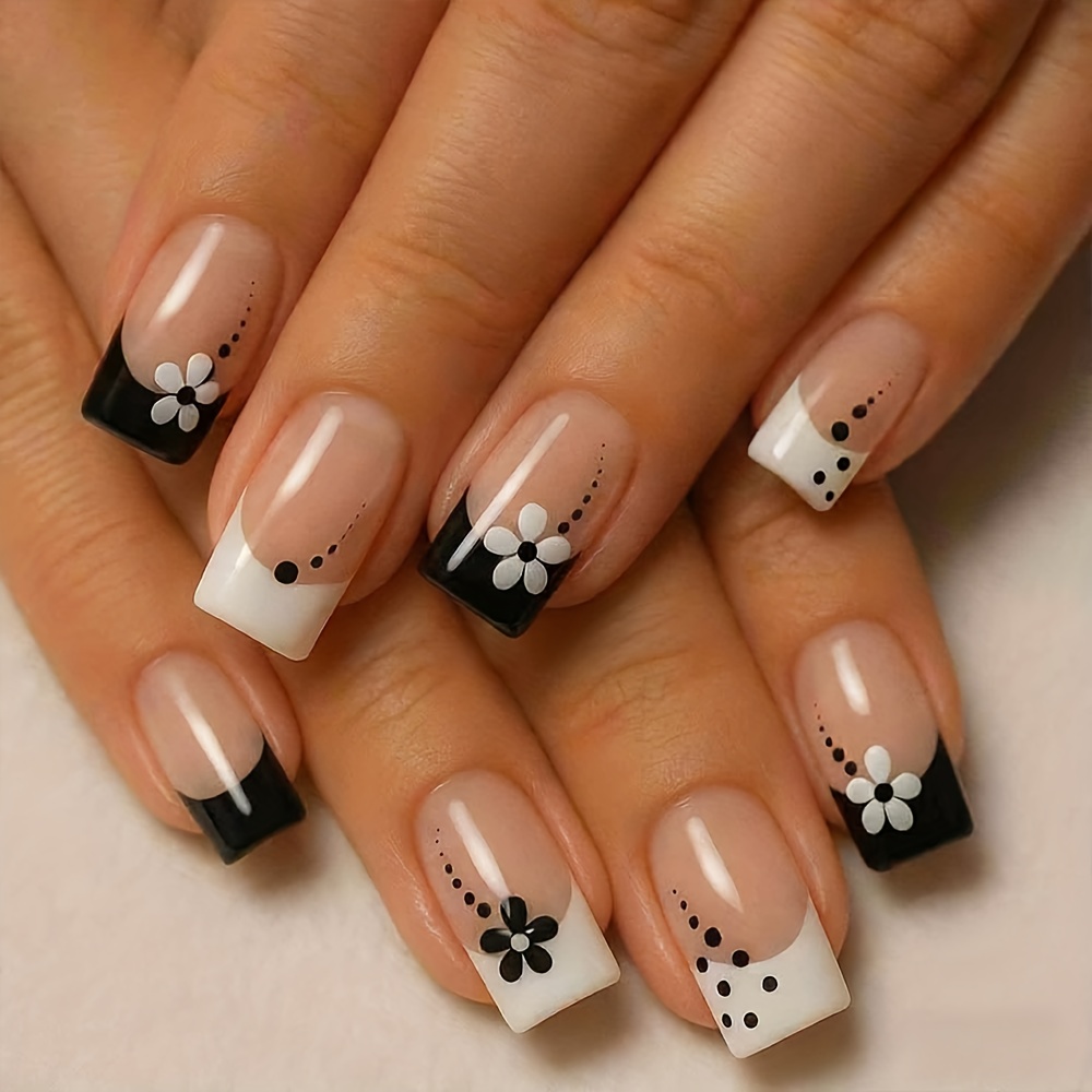 TEMU Mejora tu estilo, 24 uñas postizas cuadradas medianas, diseño de uñas con ondas, puntos, flores francesas y , parches de uñas de superficie y