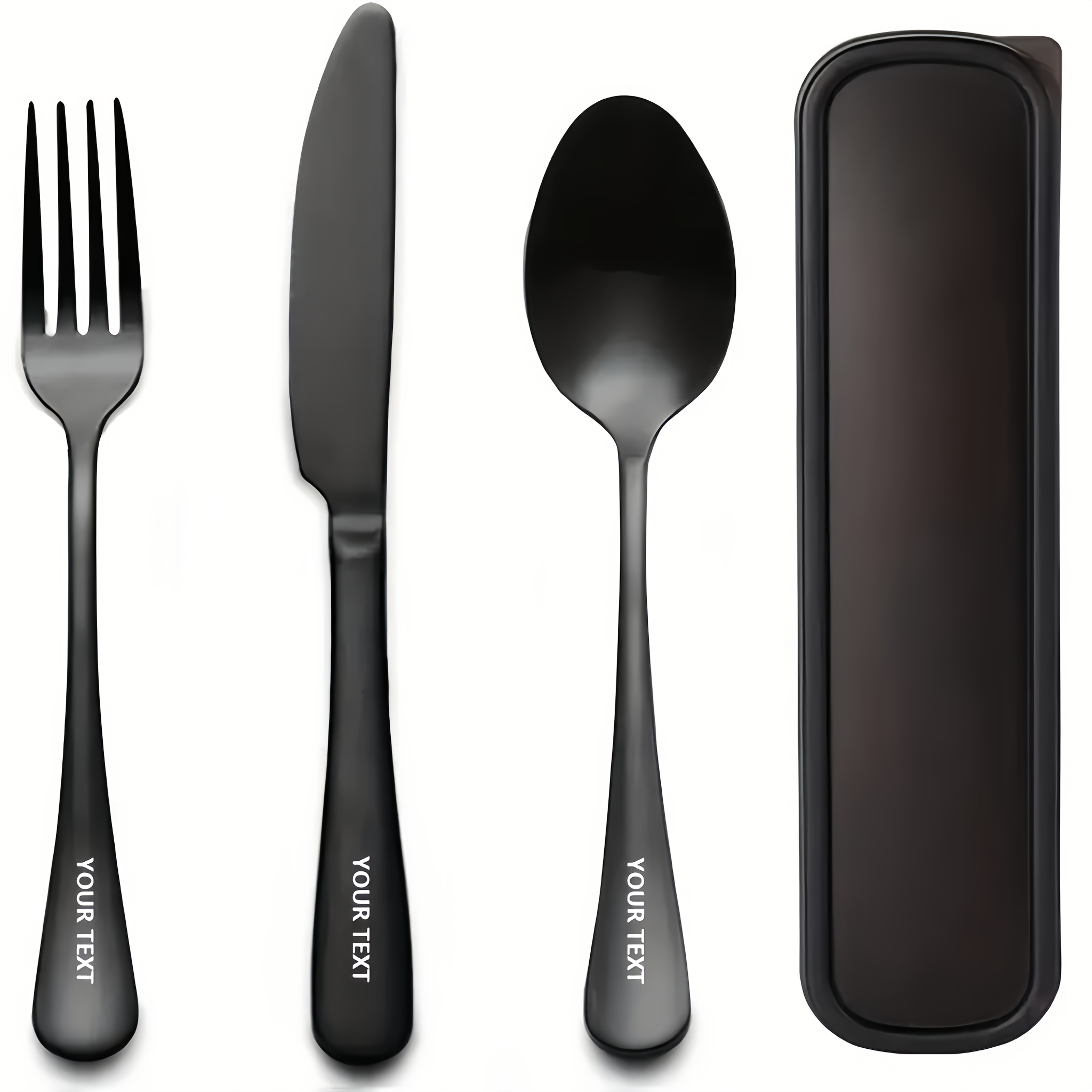 TEMU Personalized Three-piece Stainless Steel Cutlery Set Featuring Engraved Text, Including A Portable Knife, Fork, And Spoon, Packaged In A Box.
