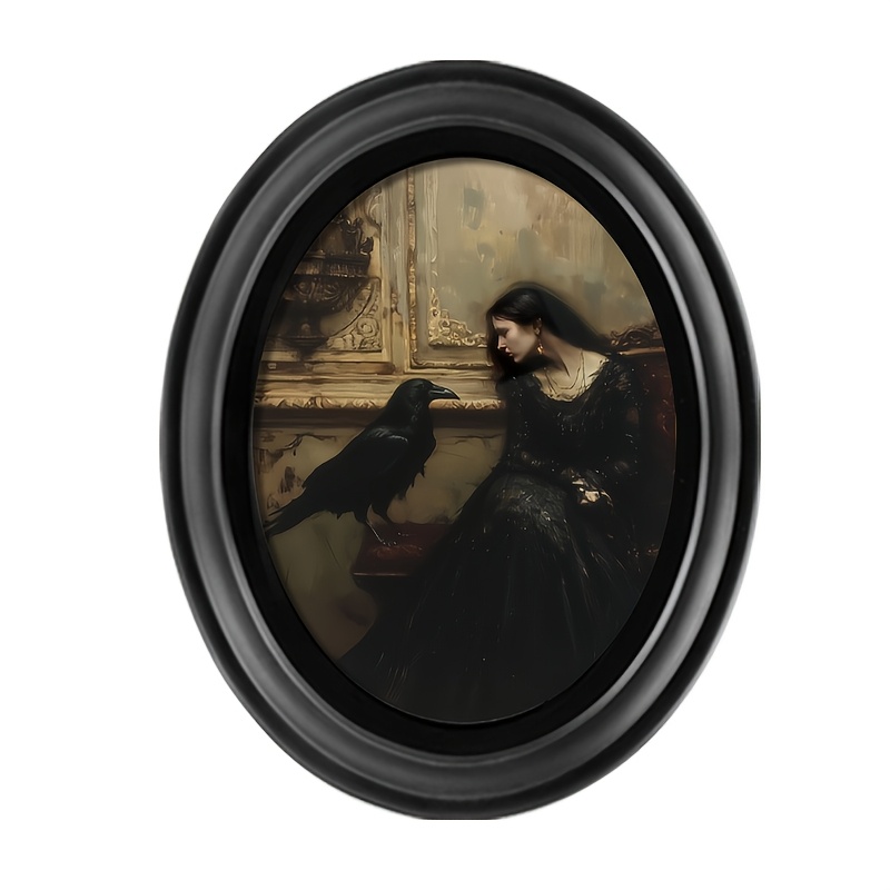 TEMU 2d Flat, 1pc Vintage Gothic Style Wall Decor - Woman And Crow Wooden Decorative Plaque, 2d Flat Wood Oval Frameless, Vertical Wall Decoration,