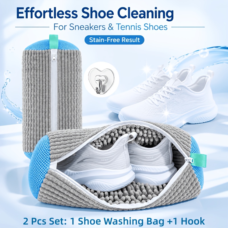 TEMU 2pcs Set (shoe Bag And Heart-shaped Hook) All-purpose Machine Wash Bag With 360° Soft Brush Deep Cleaning, Full Cleaning For Athletic And Casual