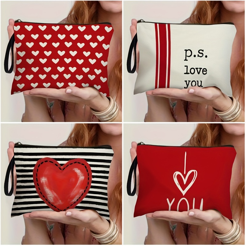 

1pc/4pcs Stylish Women's Makeup Bag, Featuring Heart And Letter Designs, Polyester, Suitable For Holiday And Daily Use Zipper Bag, A Perfect Gift For Women, Measuring 6.7 Inches X 9.9 Inches.