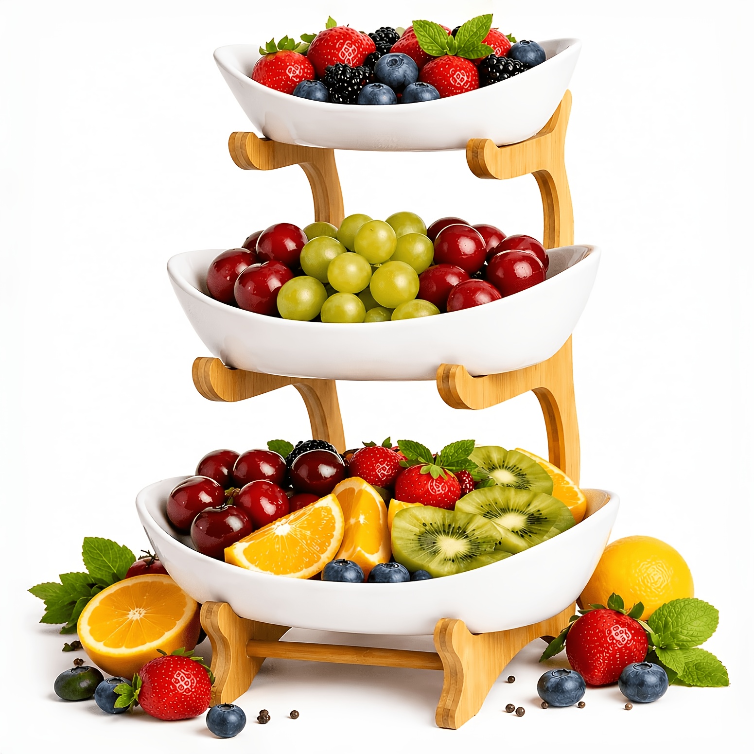 TEMU Soporte de madera de lujo de 2/3 niveles con cuencos de plástico, cuenco de nivel y exhibidor de dulces , diseño de madera natural, bandeja para