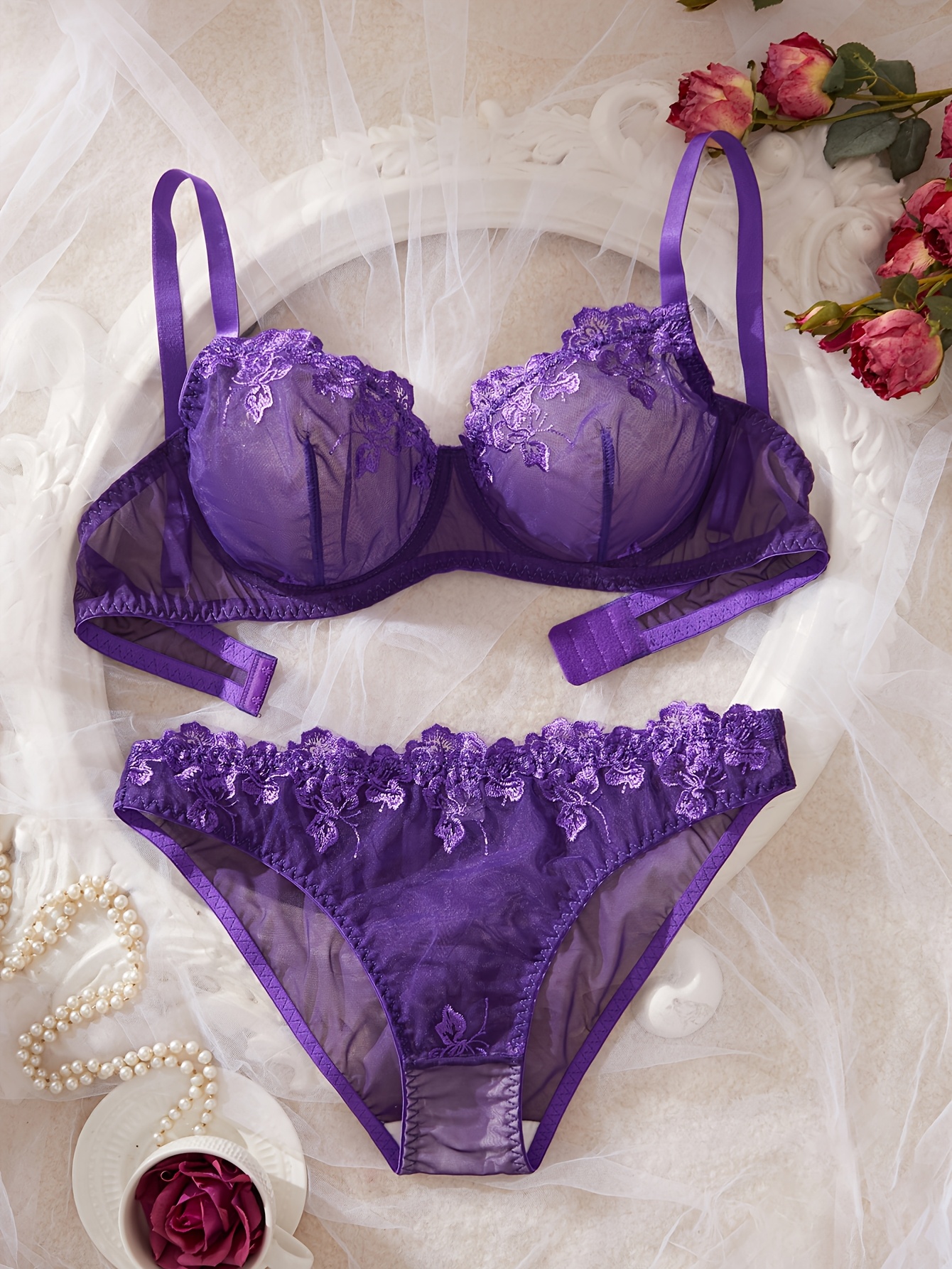 Plus Size Women's Bra and Panty Set, Embroidered Bra and Panties, Comfortable Purple Charm, Bedroom Apparel, Comfortable Lingerie, Valentine's Day