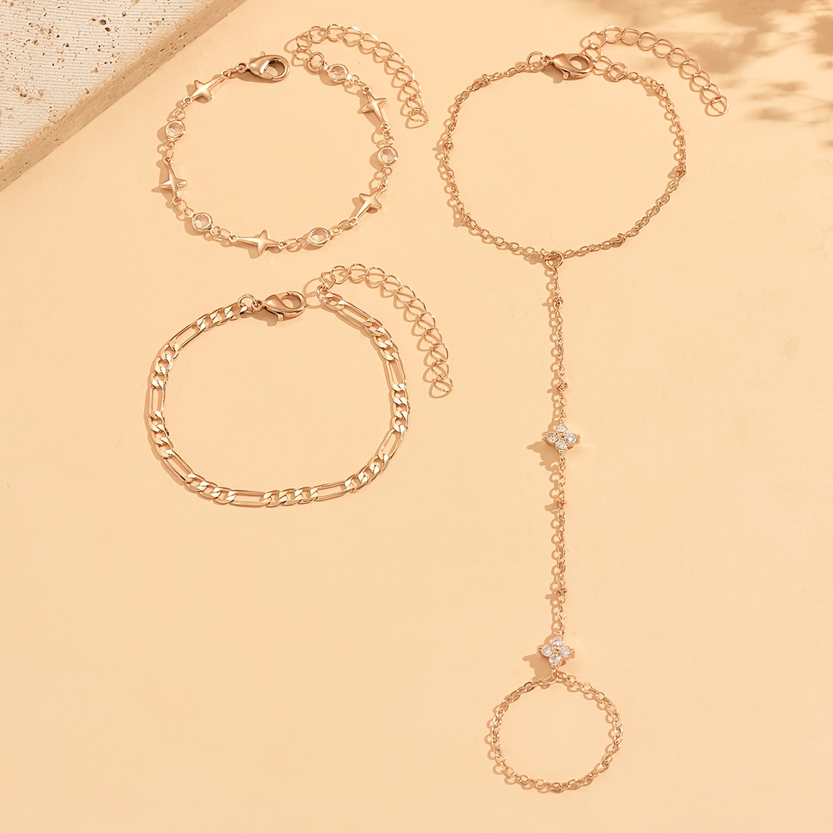 TEMU 3-delige gouden hand sieraden stapelset klavertje vier slaafarmband met ring ster paperclip kettingarmbanden minimalistische damesjuwelen