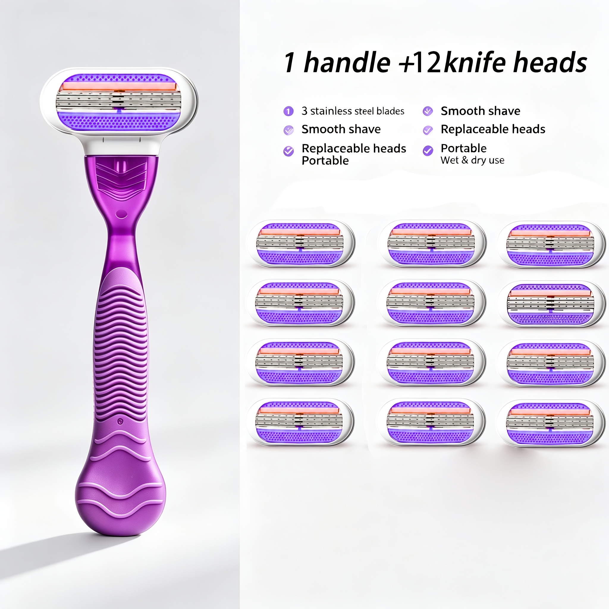 TEMU 1pc Handle And 12pcs Home Women's Body Hair Shaver Set Non-slip Textured Grip Floating Foil Heads With Lubricating Strip Underarm Leg Arm Bikini
